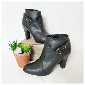 Nickels Ankle Booties Black Vegan Leather High Heel Round Toe Moto Style Boots